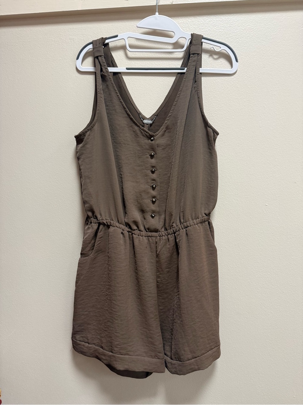 Ali & Kris Brown Satin Romper Playsuit L Button Front Elastic Waist Pockets